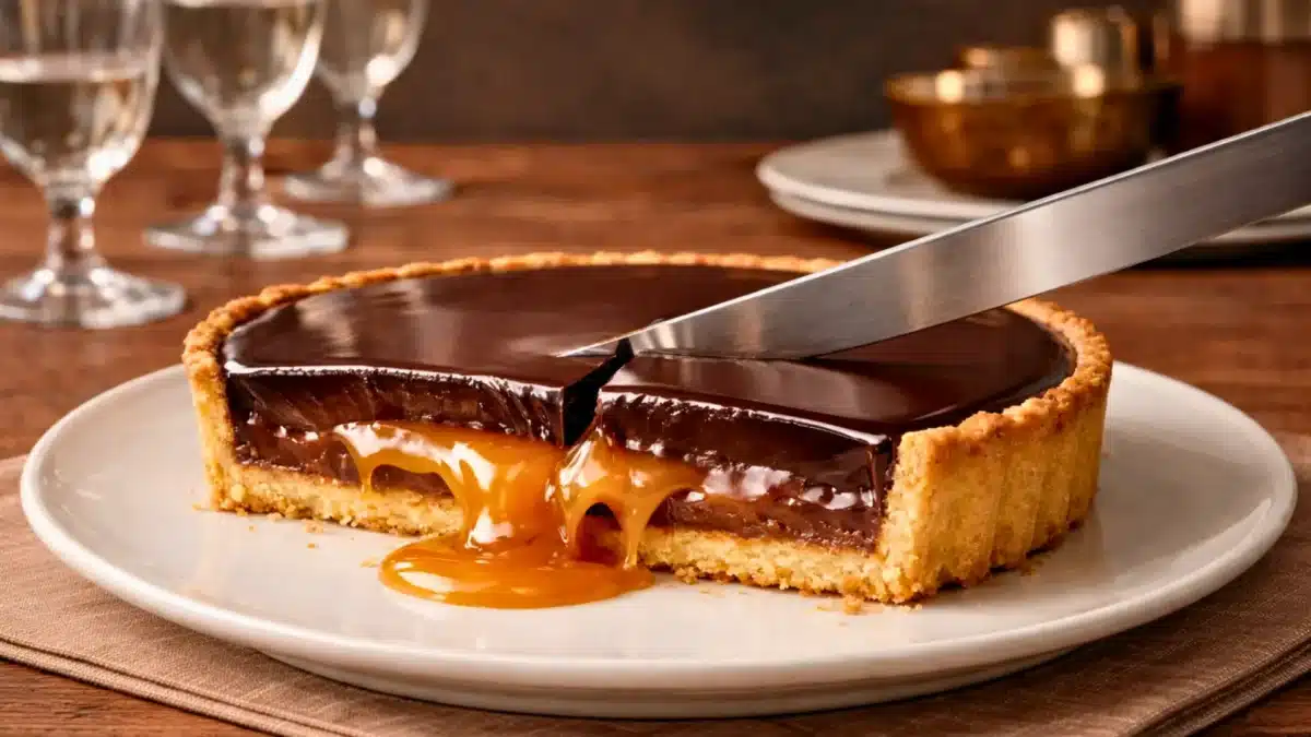 Une part de tarte au chocolat et caramel coulant, avec ganache brillante et pâte sablée croustillante, découpée sur une table conviviale.
