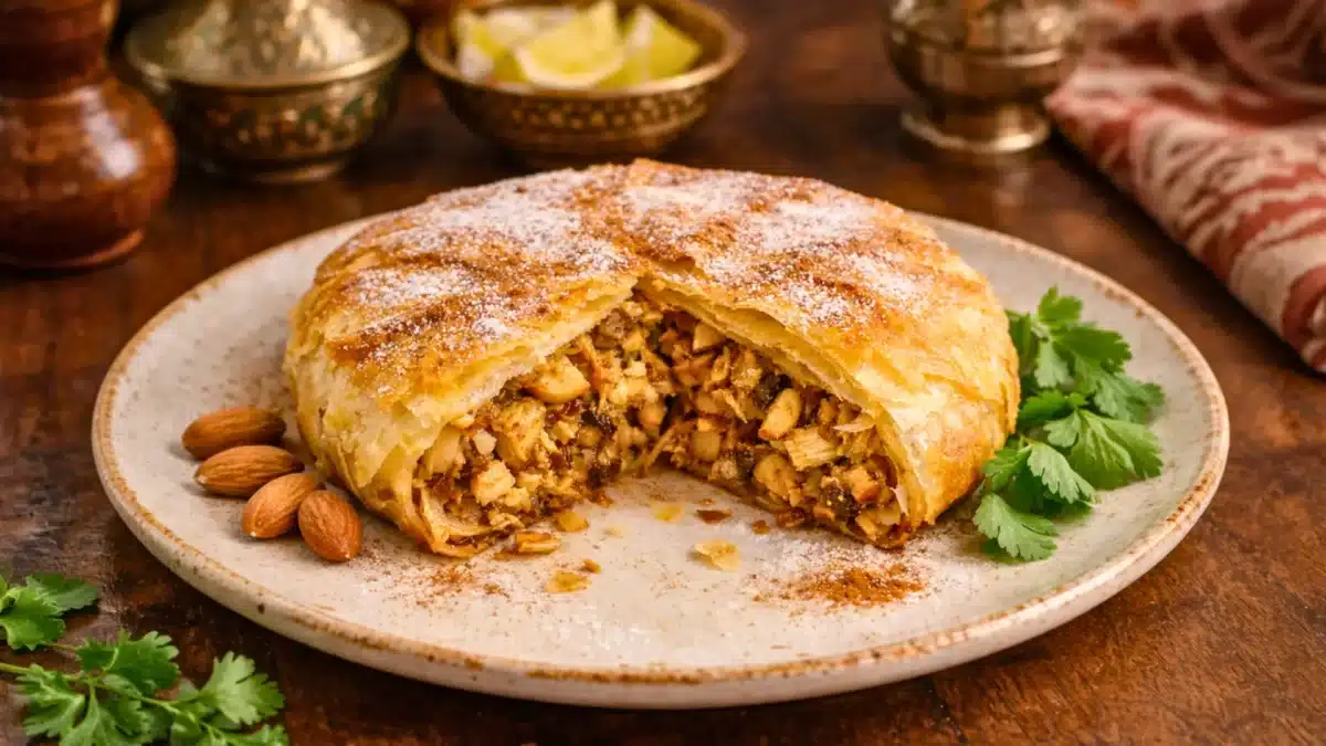 Pastilla marocaine au poulet coupée en deux, dorée et croustillante, révélant une farce fondante aux amandes et épices, servie sur une assiette propre en bois.