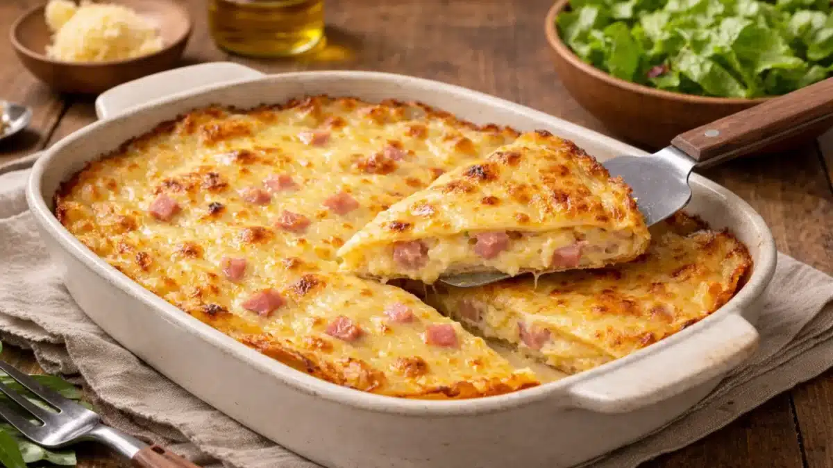 Une crêpe géante salée cuite au four, fine et dorée, garnie de fromage gratiné et de dés de jambon, avec une part découpée révélant un intérieur fondant.