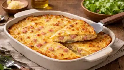Une crêpe géante salée cuite au four, fine et dorée, garnie de fromage gratiné et de dés de jambon, avec une part découpée révélant un intérieur fondant.