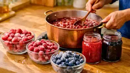 Préparation de confiture maison avec des fruits congelés, framboises et myrtilles, cuits dans une bassine en cuivre