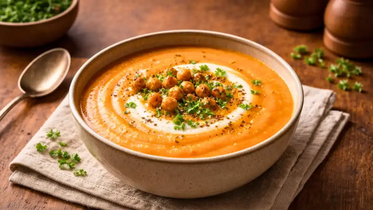 Bol de velouté onctueux à la carotte et aux pois chiches, garni de yaourt, pois chiches rôtis et herbes fraîches, servi sur table en bois.