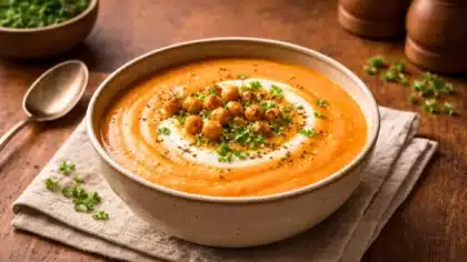 Bol de velouté onctueux à la carotte et aux pois chiches, garni de yaourt, pois chiches rôtis et herbes fraîches, servi sur table en bois.