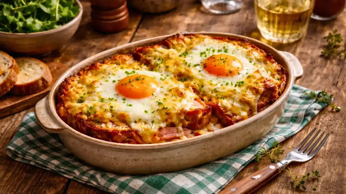 Croûte savoyarde gratinée avec fromage fondu, pain croustillant et œufs au plat, servie sur une table en bois dans une ambiance de chalet alpin.