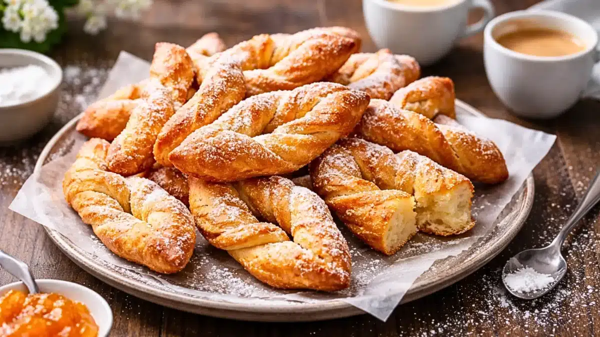 Assiette de ganses niçoises dorées et torsadées, beignets provençaux à la fleur d’oranger saupoudrés de sucre glace, servis avec des tasses de café.
