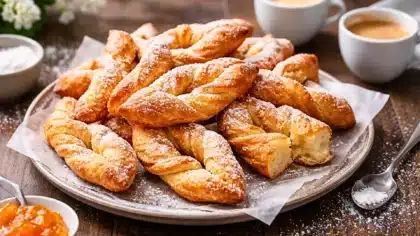 Assiette de ganses niçoises dorées et torsadées, beignets provençaux à la fleur d’oranger saupoudrés de sucre glace, servis avec des tasses de café.