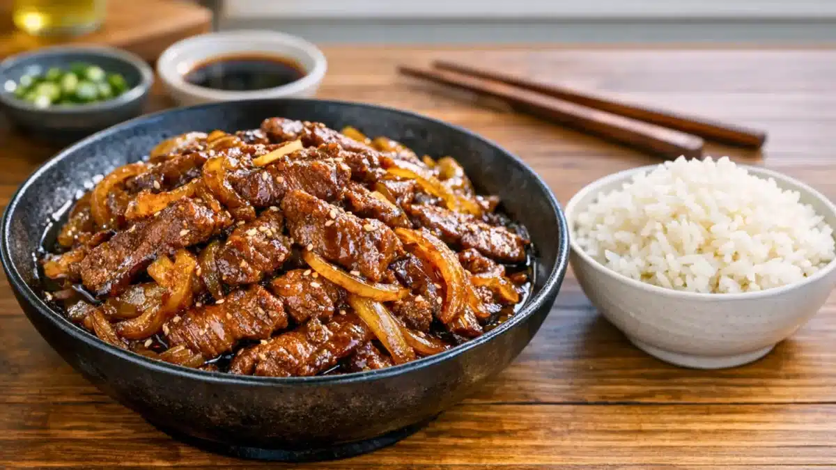 Bœuf aux oignons caramélisés au wok servi avec du riz blanc dans un bol, sauce soja brillante et graines de sésame.