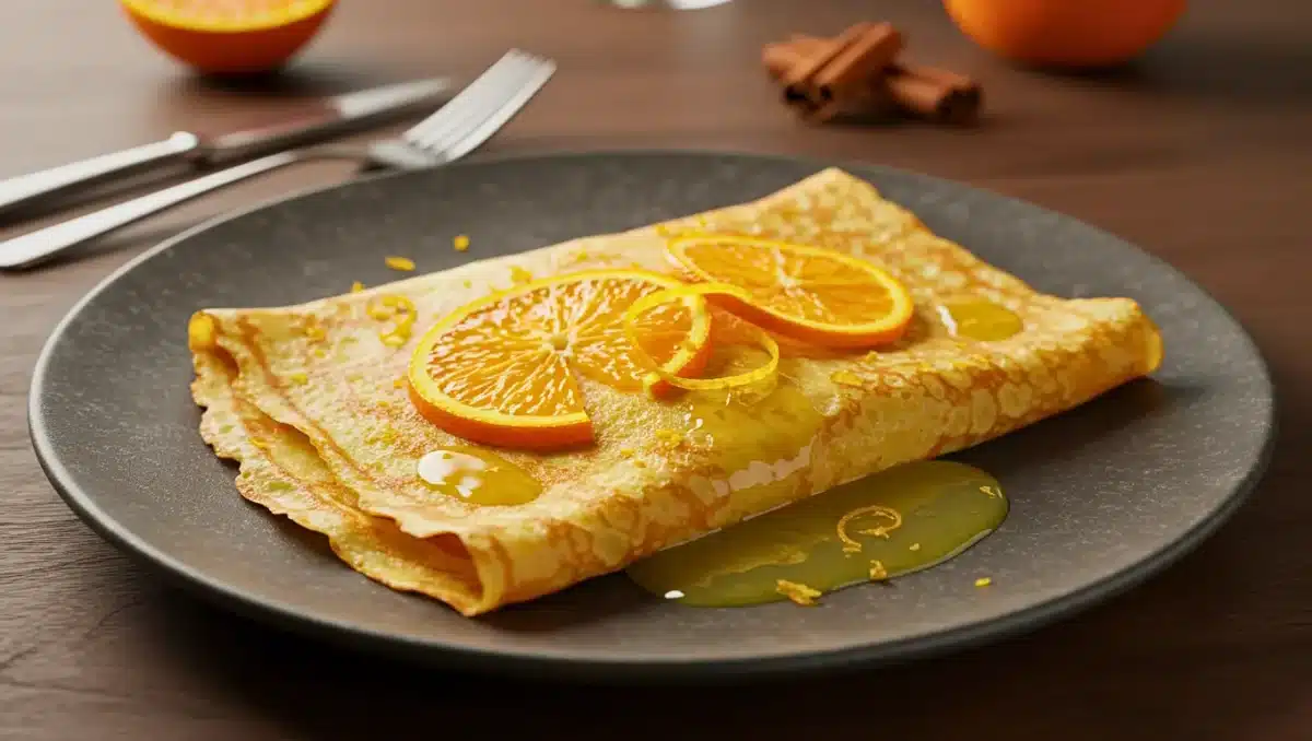 Crêpe Suzette nappée de sauce à l’orange, garnie de rondelles d’orange et servie sur une assiette