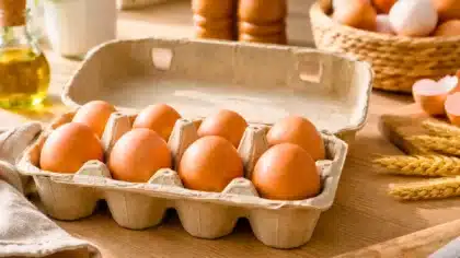 Œufs bruns dans une boîte en carton alvéolée sur une table de cuisine en bois, illustrant le choix et la provenance des œufs