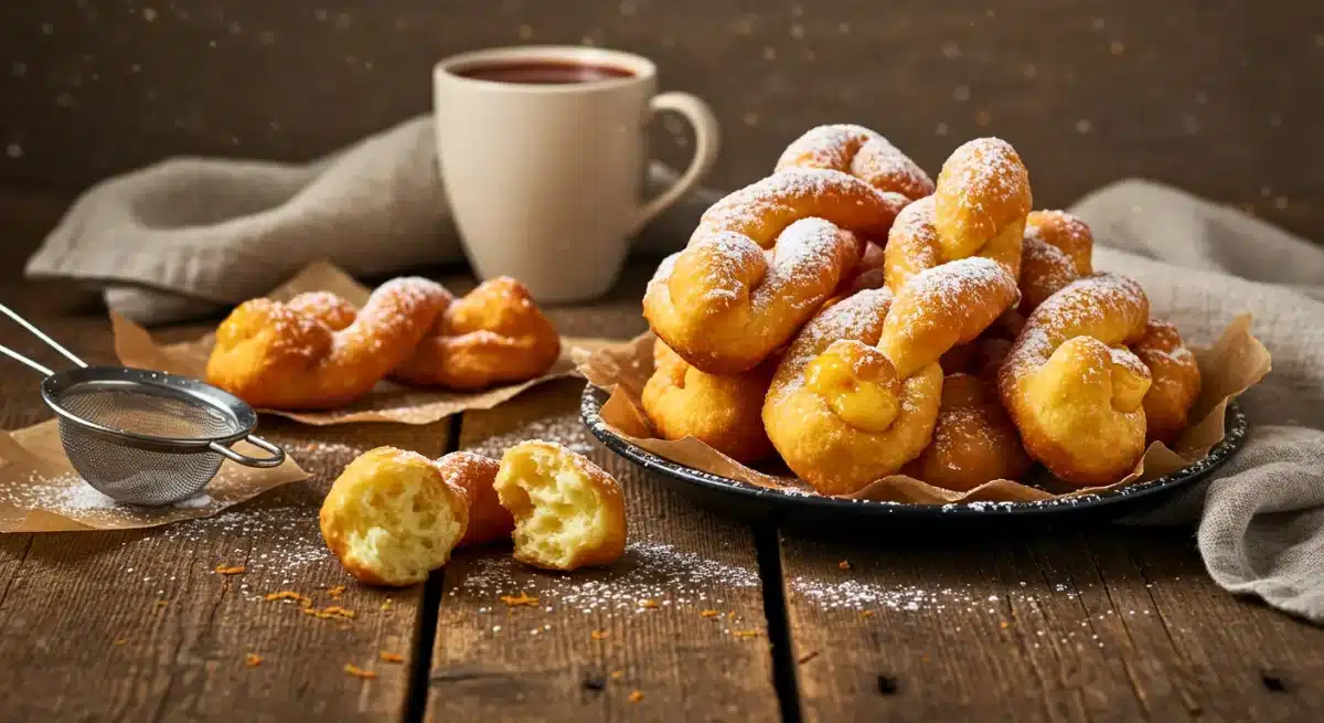 Beignets fourrés à la crème saupoudrés de sucre glace, servis avec une tasse chaude.