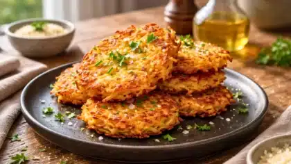 Röstis de panais croustillants au parmesan, dorés à la poêle, servis sur une assiette noire avec persil frais et fleur de sel