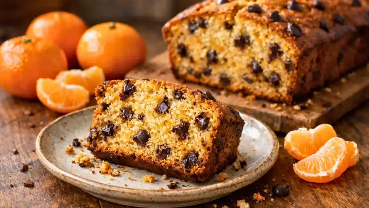 Part de cake moelleux à la clémentine et aux pépites de chocolat, mie dorée et fondante, servie sur une assiette rustique avec des clémentines fraîches.