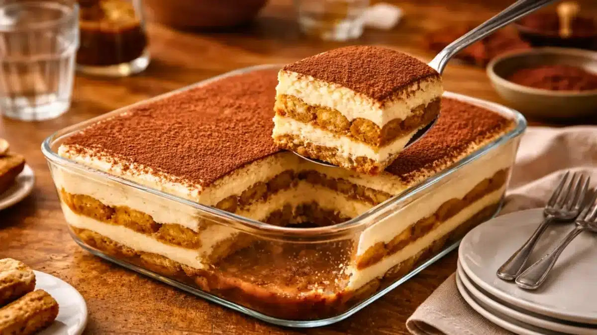 Un tiramisu maison vu à 45 degrés, montrant des couches nettes de biscuits imbibés de café et de crème mascarpone, avec une part soulevée à la cuillère.