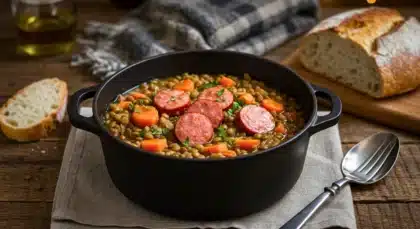 Saucisses aux lentilles et carottes dans une cocotte, plat mijoté traditionnel.