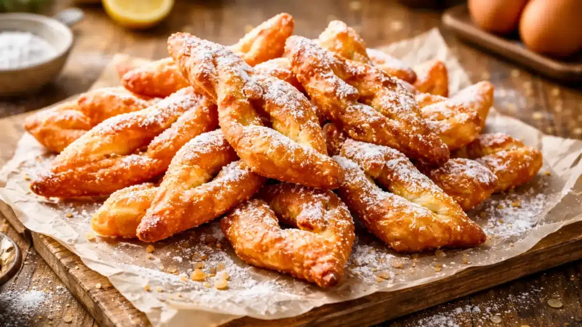 Bugnes croustillantes dorées saupoudrées de sucre glace, disposées sur une planche en bois