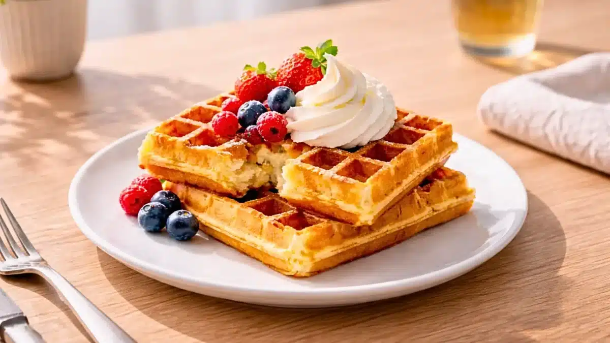 Gaufres dorées empilées, garnies de chantilly maison et de fruits rouges frais sur une assiette blanche