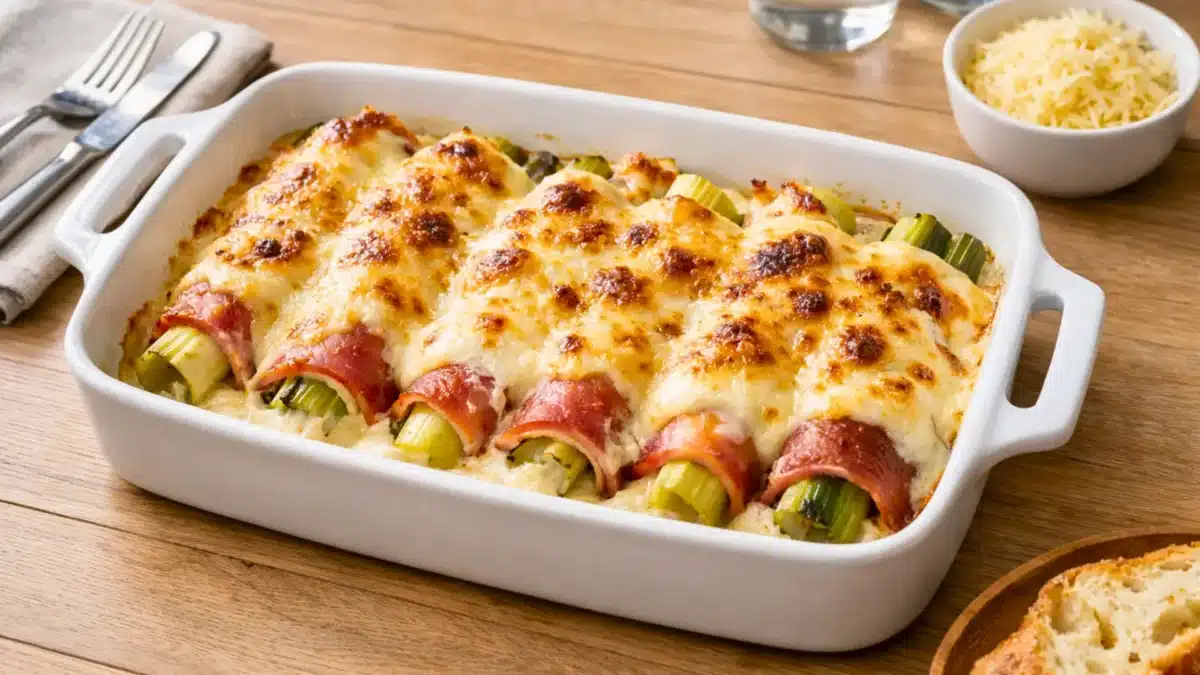 Gratin de poireaux roulés dans du jambon, recouverts de fromage fondu et gratinés au four dans un plat blanc
