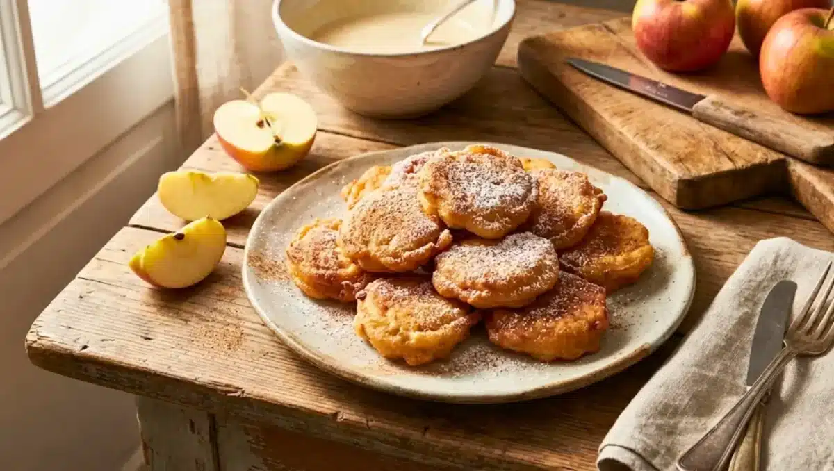 Beignets de Mardi Gras dorés et moelleux saupoudrés de sucre glace, présentés sur une assiette, dont un beignet ouvert montrant une mie aérienne.