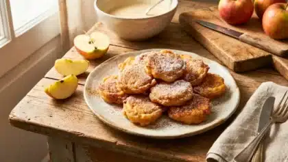 Beignets de Mardi Gras dorés et moelleux saupoudrés de sucre glace, présentés sur une assiette, dont un beignet ouvert montrant une mie aérienne.