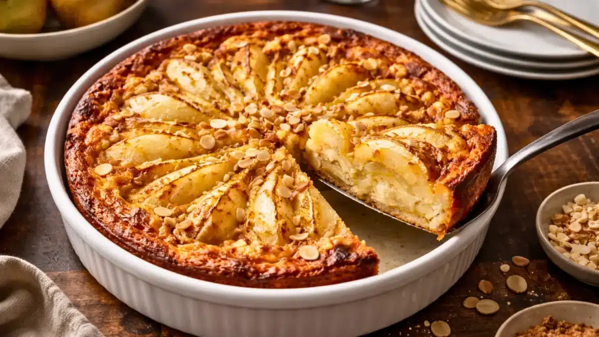 Clafoutis aux poires doré et moelleux, garni d’amandes effilées, servi dans un plat blanc avec une part découpée