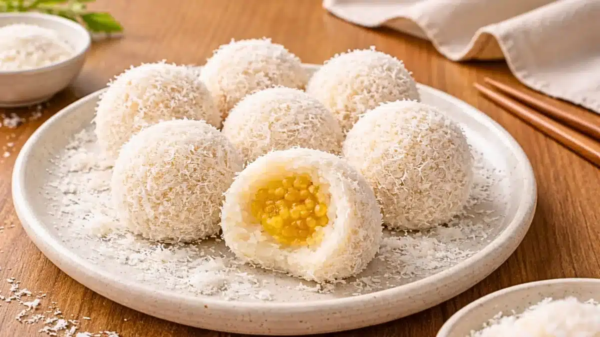 Perles de coco maison blanches, enrobées de noix de coco râpée, avec une perle coupée révélant un cœur fondant de haricots mungo jaunes, présentées sur une assiette en céramique sur table en bois.