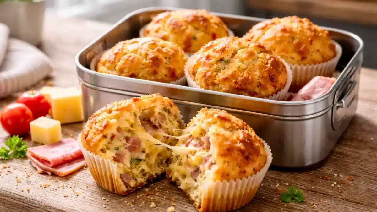 Muffins salés fromage et jambon dans une lunch box ouverte, avec un muffin coupé laissant apparaître un cœur fondant au fromage.