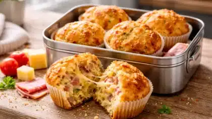 Muffins salés fromage et jambon dans une lunch box ouverte, avec un muffin coupé laissant apparaître un cœur fondant au fromage.