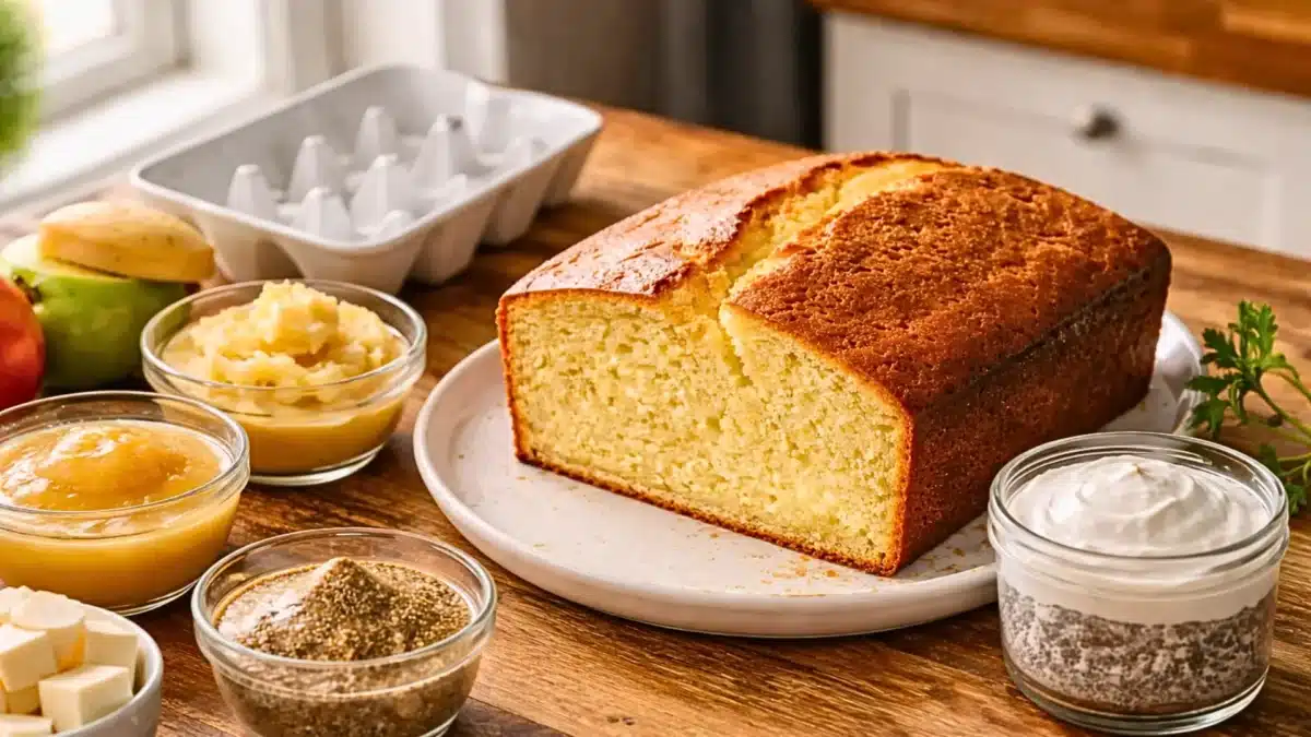 Gâteau moelleux sans œufs accompagné de substituts naturels comme compote de pommes, graines de chia et yaourt végétal
