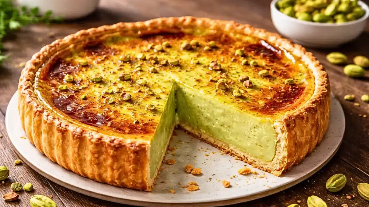 Flan pâtissier à la pistache crémeux, à la croûte dorée et à la texture fondante, présenté en tarte épaisse avec une part découpée