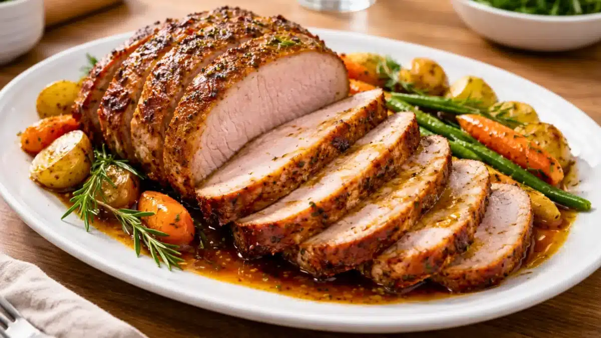 Rôti de porc tranché, servi avec pommes de terre, carottes et haricots verts, illustrant la différence entre porc et cochon en cuisine.