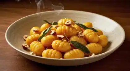 Gnocchis à la courge servis avec des feuilles de sauge et des noisettes.
