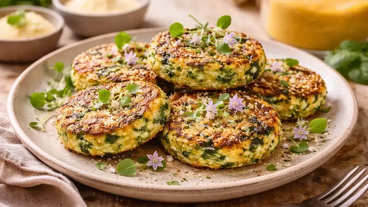 Galettes de polenta aux épinards dorées et croustillantes, servies sur une assiette avec herbes fraîches.