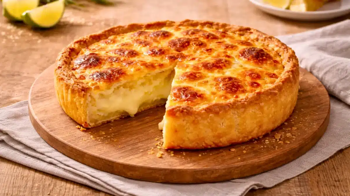 Tarte au maroilles dorée, coupée pour révéler un cœur crémeux et fondant, présentée sur un plateau en bois propre, posée sur une table en bois clair avec décor rustique en arrière-plan.