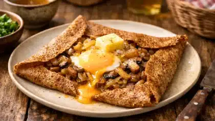 Galette bretonne au sarrasin croustillante avec œuf au jaune coulant, oignons confits au cidre et champignons, vue à 45 degrés sur table rustique.