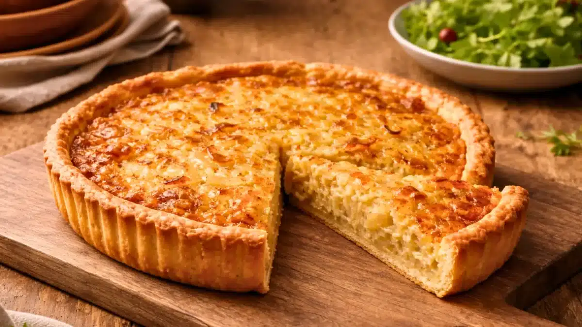 Part généreuse de tarte alsacienne aux oignons confits, garniture fondante et brillante sur pâte dorée croustillante, vue à 45 degrés.