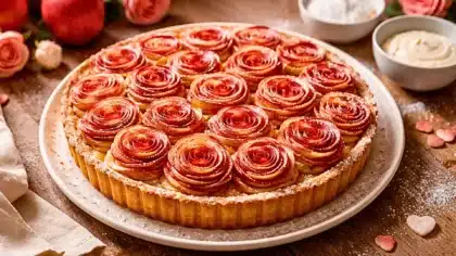 Tarte aux pommes en forme de roses sur pâte sablée, dessert élégant et gourmand