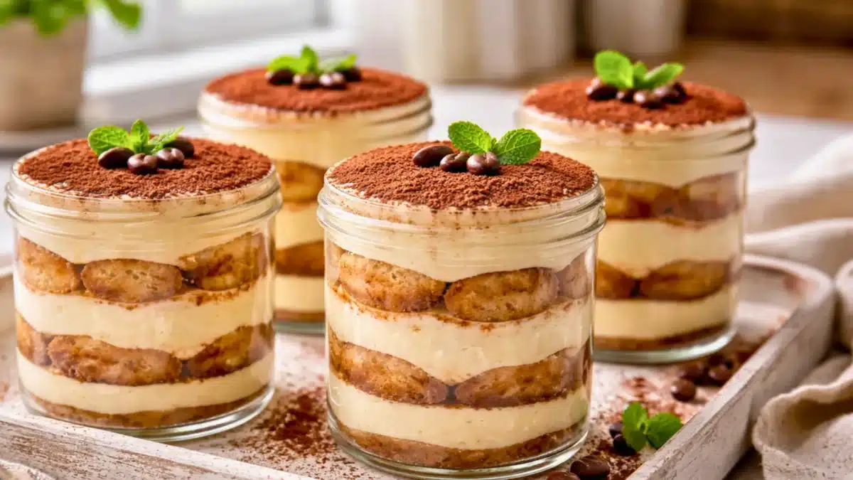 Tiramisu individuel en verrine avec couches de crème mascarpone et biscuits à la cuillère, saupoudré de cacao