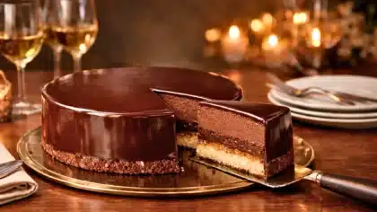 Gâteau royal chocolat avec glaçage miroir brillant, découpé en part pour révéler ses trois couches : dacquoise amande, croustillant praliné et mousse chocolat noire.