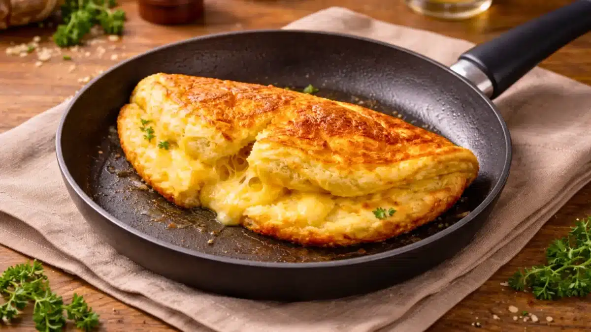 Omelette soufflée au fromage, dorée et gonflée, coupée en deux dans une poêle avec un cœur fondant et aérien.