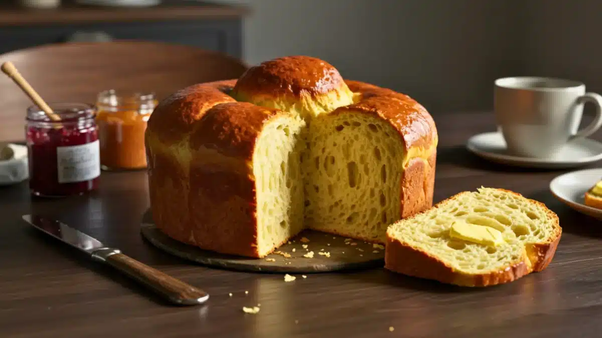 Brioche maison dorée et moelleuse, coupée en deux, avec une tranche beurrée posée sur une table de petit-déjeuner.