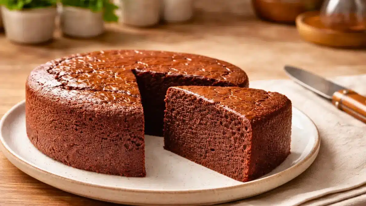 Part de gâteau au chocolat sans œufs à base de riz mixé, montrant une mie dense et fondante sur une assiette propre en bois.