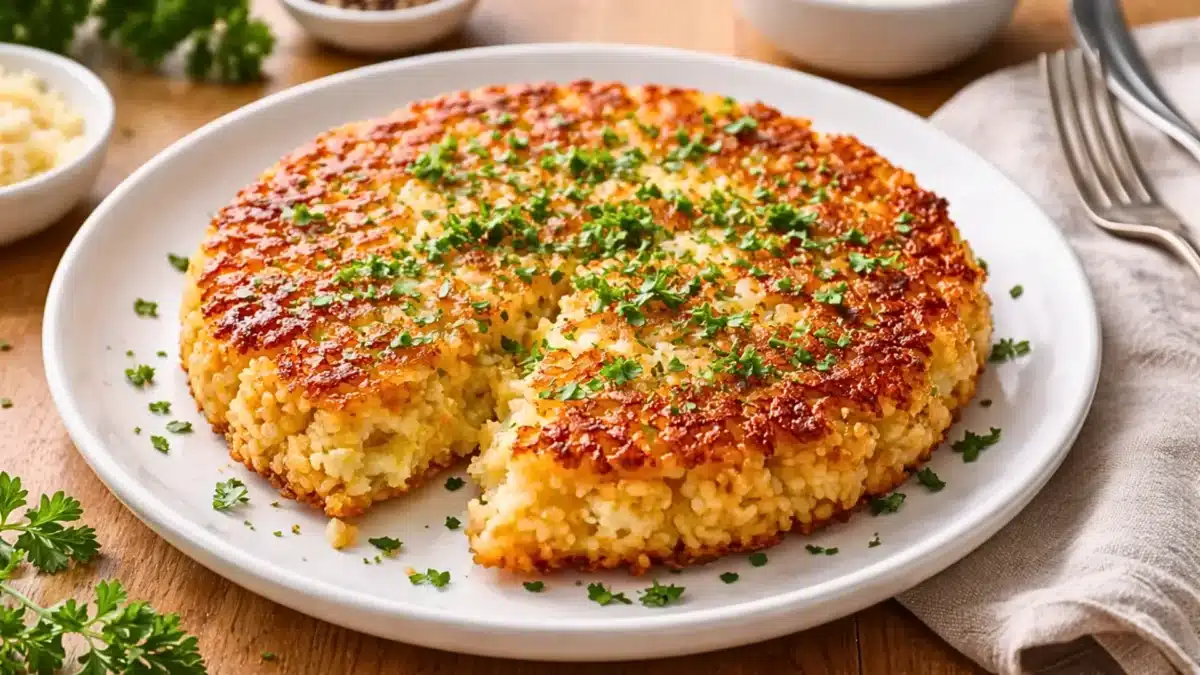 Galette de riz croustillante au fromage avec cœur fondant, servie sur une assiette avec herbes fraîches
