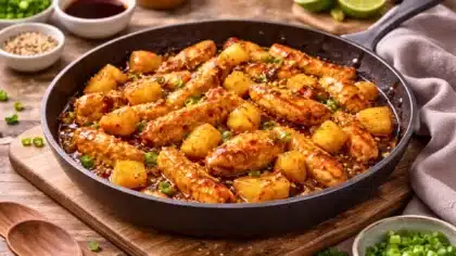 Un plat de poulet à l’ananas nappé d’une sauce soja brillante, servi dans une grande poêle avec une présentation soignée sur une table propre.