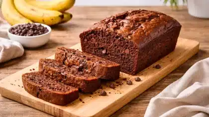 Banana bread au chocolat moelleux coupé en tranches avec pépites de chocolat sur planche en bois