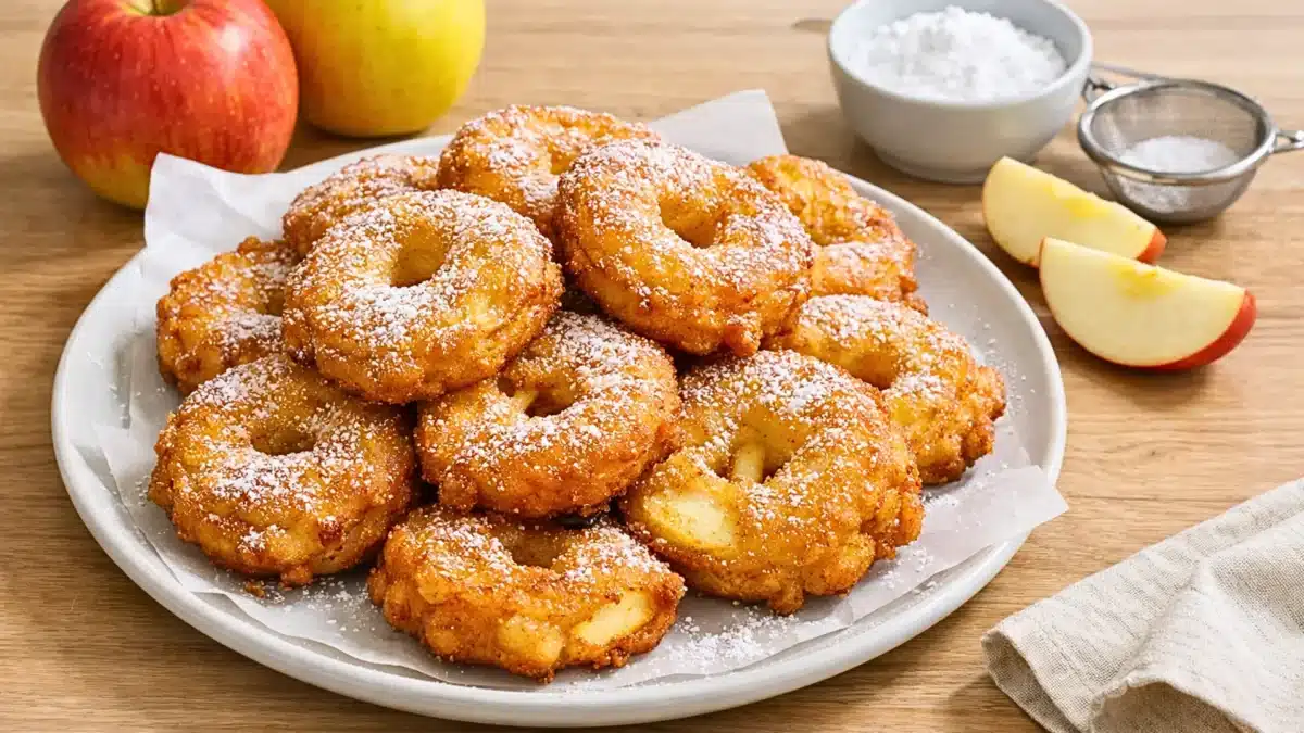 Beignets de pommes dorés et croustillants saupoudrés de sucre glace sur une assiette avec des pommes fraîches