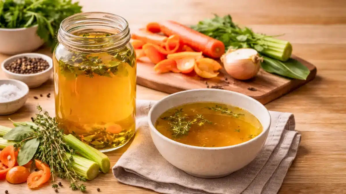 Bouillon de légumes maison doré dans un bocal et un bol, entouré d’épluchures de carottes, céleri, oignon et herbes fraîches.