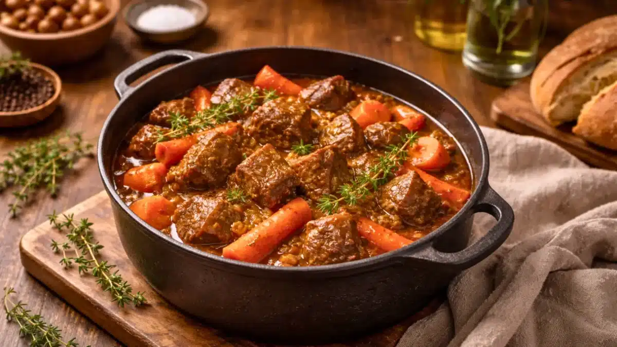 Un ragoût de mouton aux carottes brillantes nappées d’une sauce ambrée, servi dans une cocotte en fonte sur une table rustique impeccablement dressée.