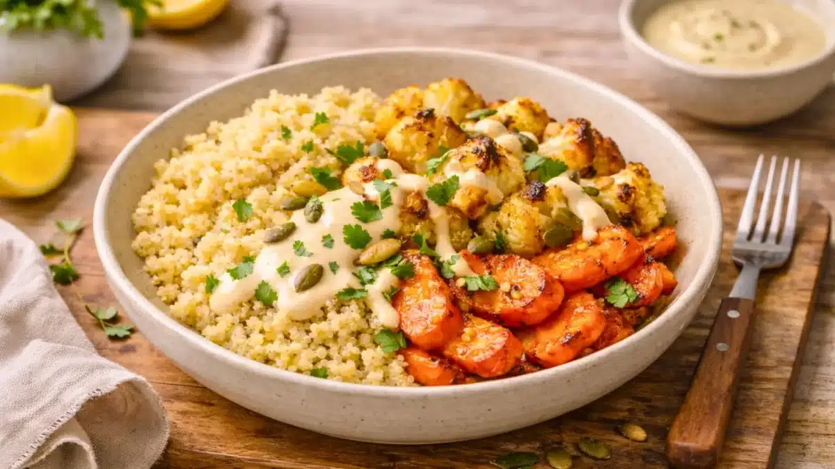 Un bowl de quinoa garni de chou-fleur et carottes rôtis, nappé d’une sauce tahini citronnée et parsemé d’herbes fraîches, photographié sur une table en bois.