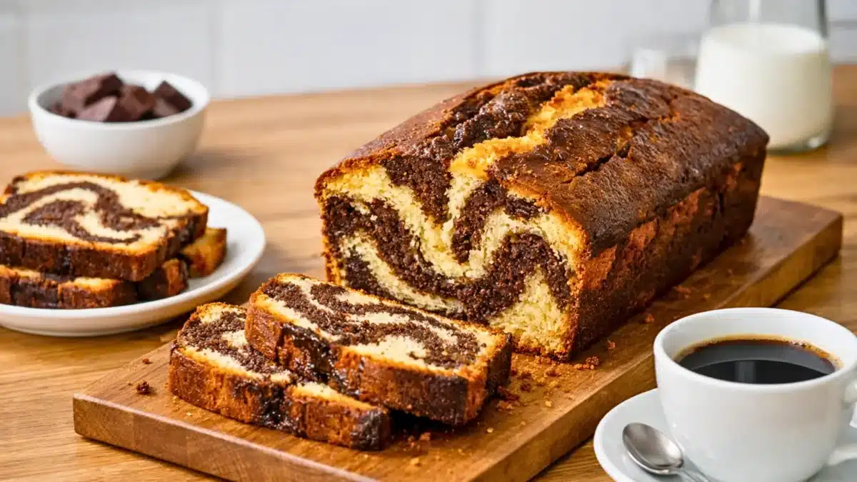 Cake marbré maison moelleux au chocolat et à la vanille tranché sur une planche avec café