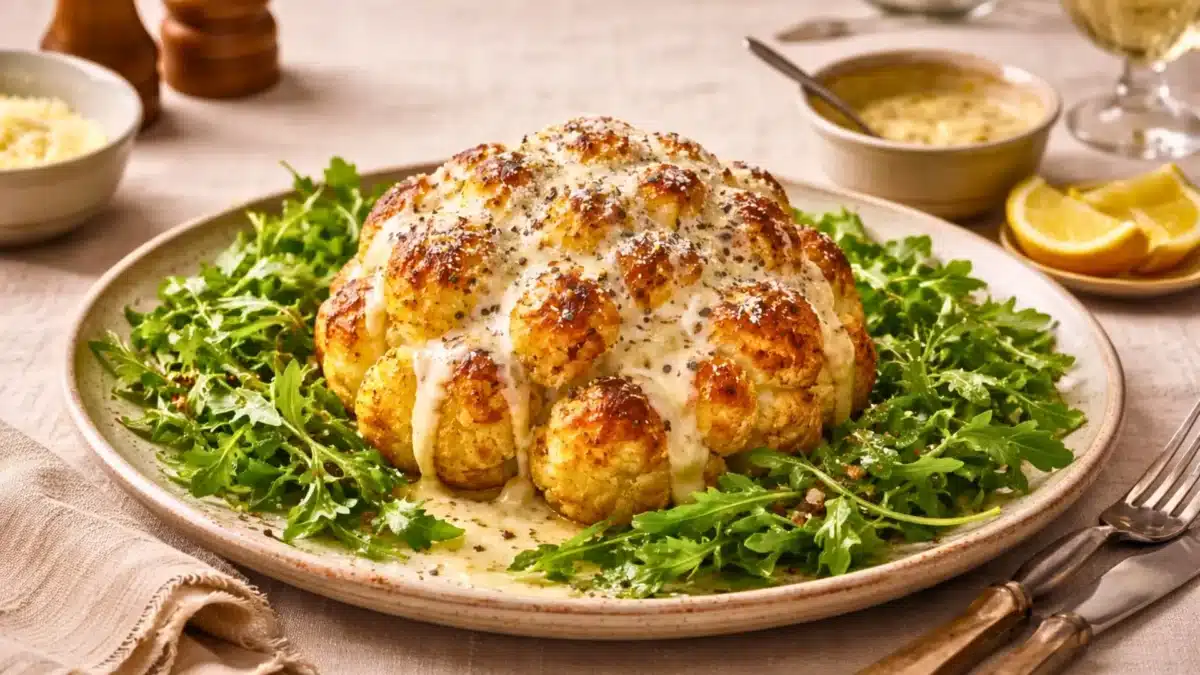 Chou-fleur entier rôti nappé de sauce crémeuse au pecorino et poivre noir, servi avec roquette fraîche.